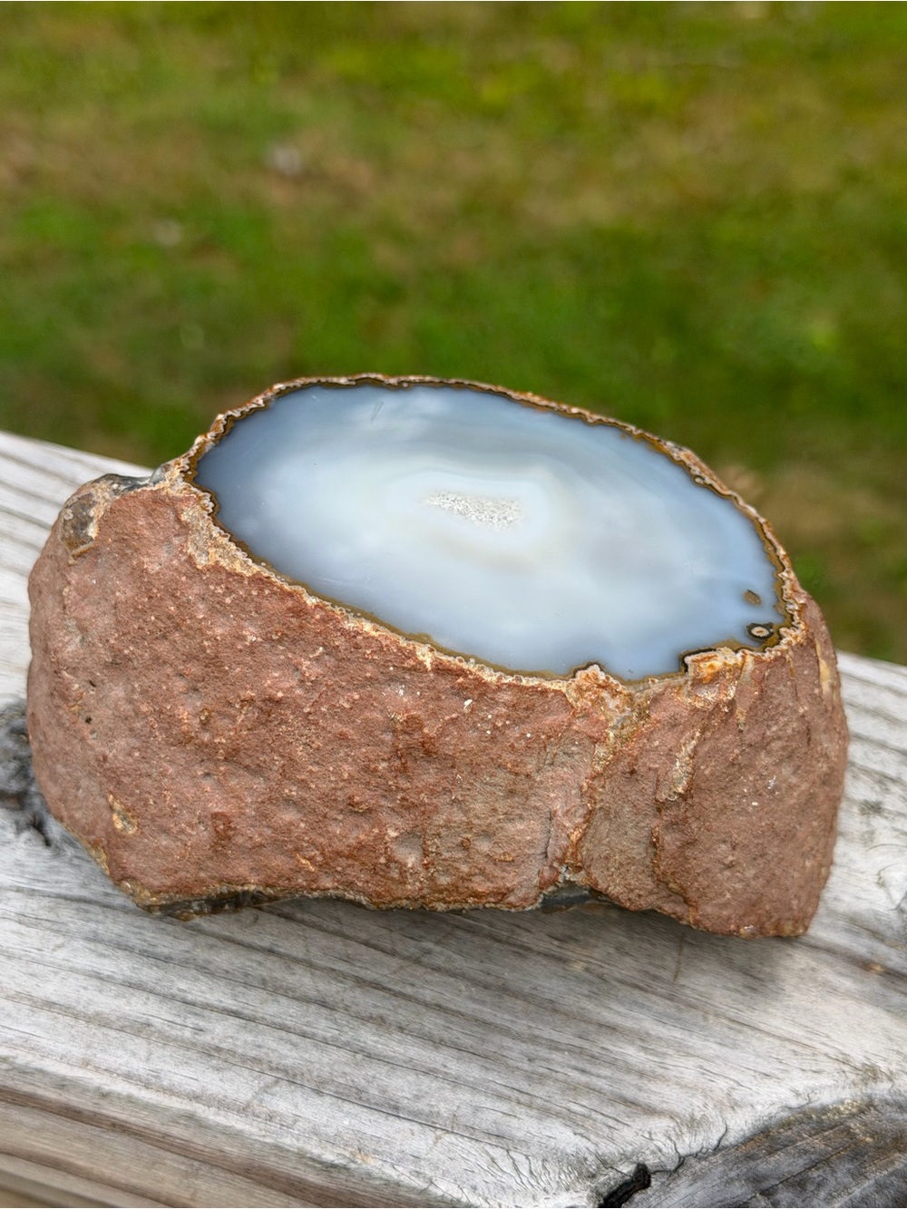 Large Agate Geode on Wooden Tripod Stand